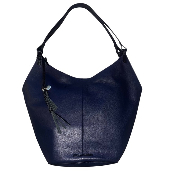 Like New Lucky Brand Azbi Genuine Leather Shoulder Bag Tote Elegant Navy Black - Picture 1 of 14